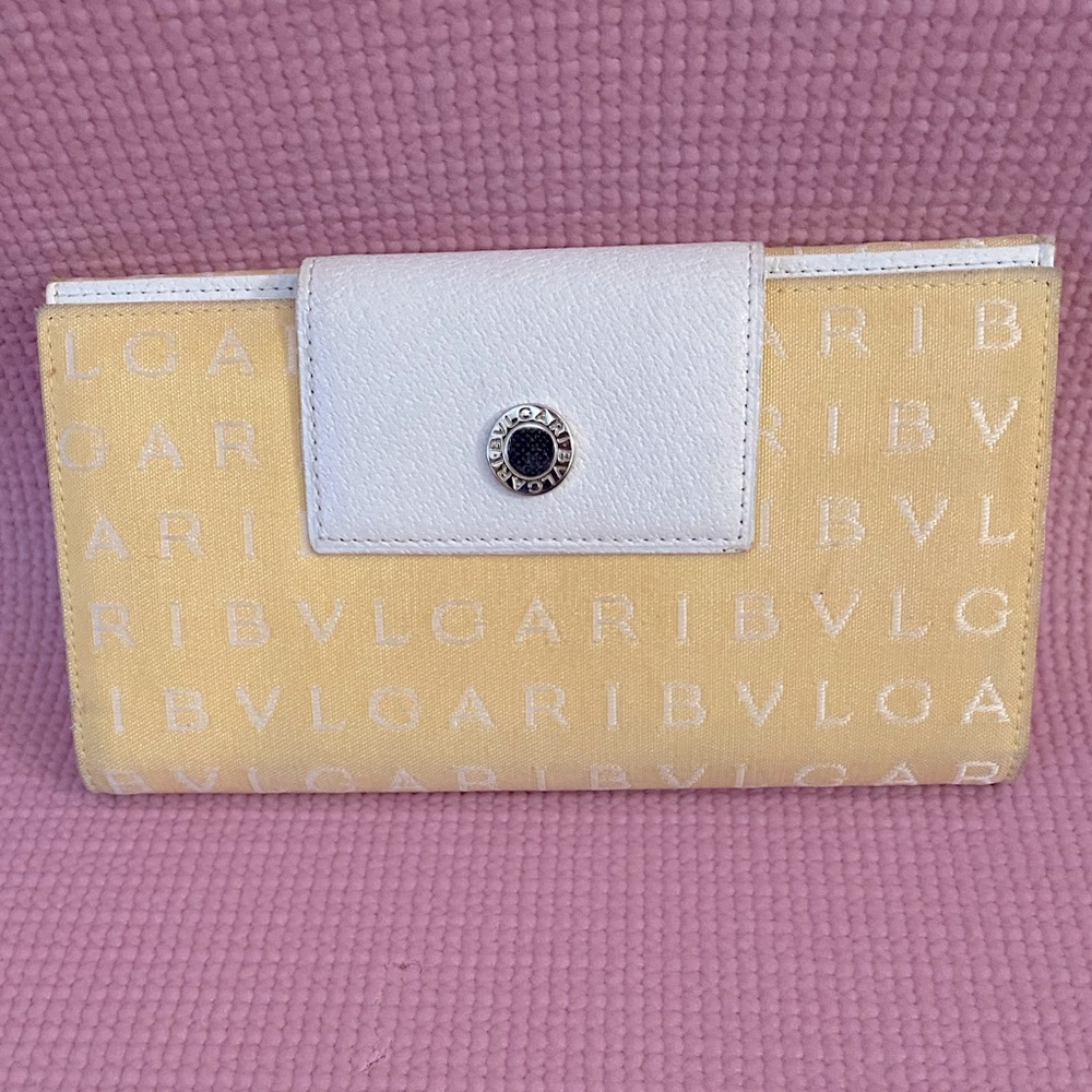 Bvlgari Cream/Yellow and White Logo Mania Canvas and Leather Flap Long W…